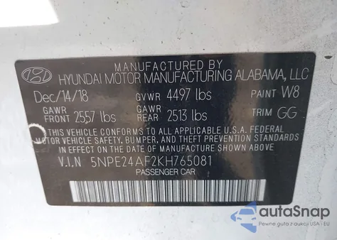 2019 Hyundai Sonata Se z USA, uszkodzony, nr VIN 5NPE24AF2KH765081